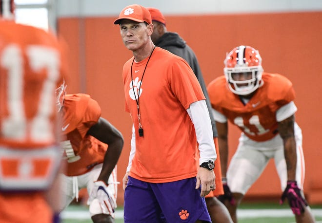 Clemson defensive coordinator Brent Venables watches over a drill during practice at Poe Indoor Facility in Clemson, S.C. Tuesday, December 17, 2019.