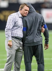 Indianapolis Colts general manager Chris Ballard greets Indianapolis Colts wide receiver T.Y. Hilton (13) before the game against the New Orleans Saints at Mercedes-Benz Superdome in New Orleans on Monday, Dec. 16, 2019. 
