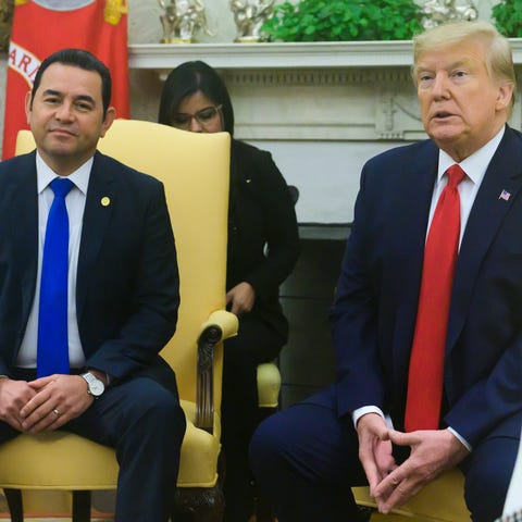 US President Donald J. Trump makes remarks as he w