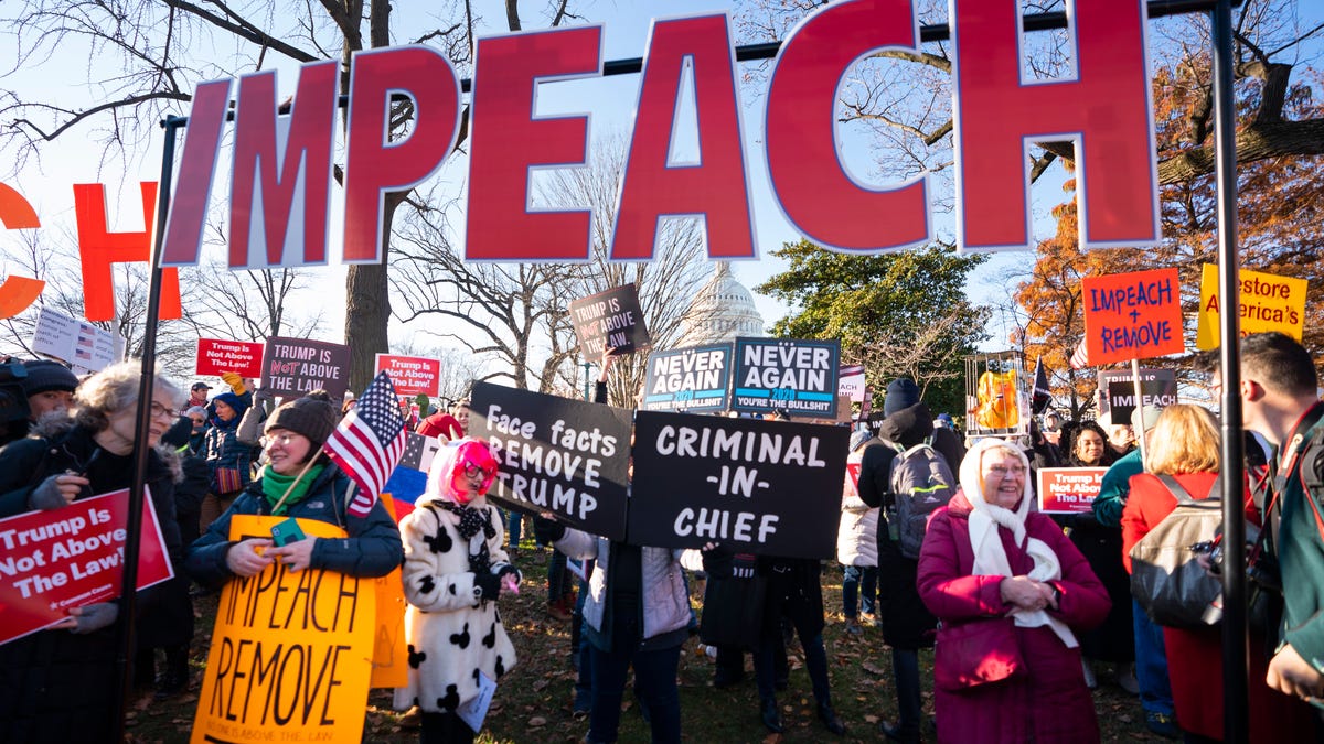 Activists gather at an 'Impeach and Remove' rally to show support for the Congressional impeachment of US President Donald Trump outside the Capitol in Washington, DC, on Dec. 18, 2019. Later in the day, Donald Trump will likely become the third president in US History to be impeached by Congress. The House will then send the articles of impeachment to the Senate, where a trial is expected early in 2020.