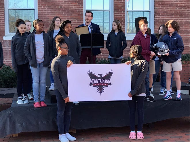 Students and residents gather at the Younts Center for Performing Arts to see the unveiling of Fountain Inn High School's mascot and colors.