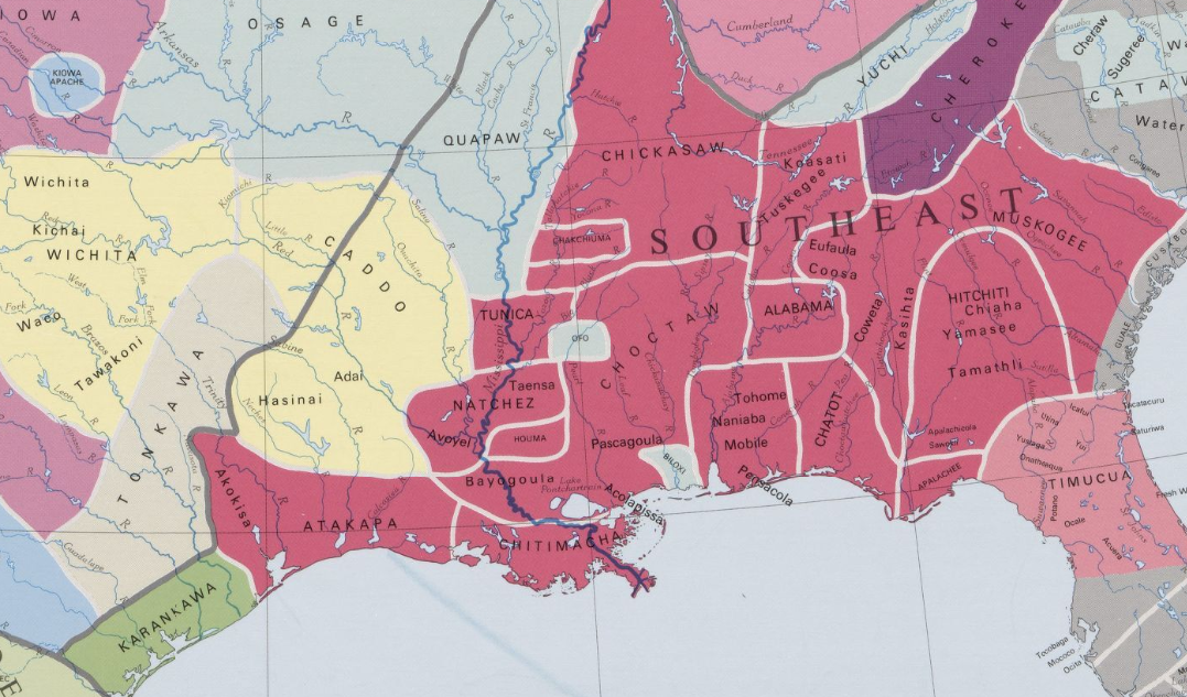 A map of Native American tribes prior to the Indian Removal Act. Some fled the Trail of Tears and traveled south to the bayous of Louisiana. Today, Isle de Jean Charles residents are a blend of Biloxi, Chitimacha and Choctaw tribes as well as being descendants of French Acadians.