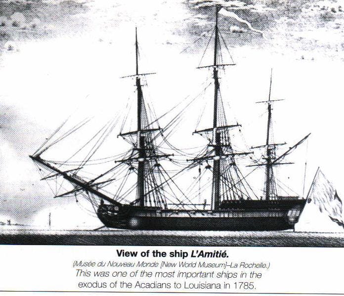 Jean Charles Naquin and his family arrived in New Orleans aboard the Le Saint-Remi, the fourth of seven ships that, in 1785, carried French immigrants to Louisiana. Most were Acadians previously exiled from Canada who failed to build a life in France. This is a drawing of the L'Amitie, the fifth ship of passengers.