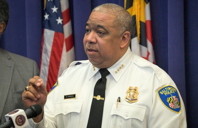 Baltimore Police Commissioner Michael Harrison announces support for a pilot program that uses surveillance planes over the city to combat crime on Friday, Dec. 20, 2019, in Baltimore.