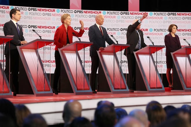 Pete Buttigieg, Elizabeth Warren, Joe Biden, Bernie Sanders and Amy Klobuchar at Democratic debate in Los Angeles on Dec. 19, 2019.