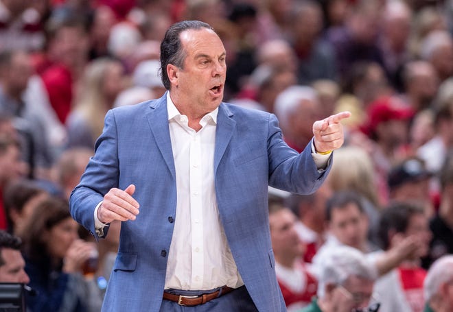 Notre Dame head coach Mike Brey reacts to the action on the court during the first half of game one against Indiana of the 2019 Crossroads Classic, Saturday, Dec. 21, 2019, at Bankers Life Fieldhouse.