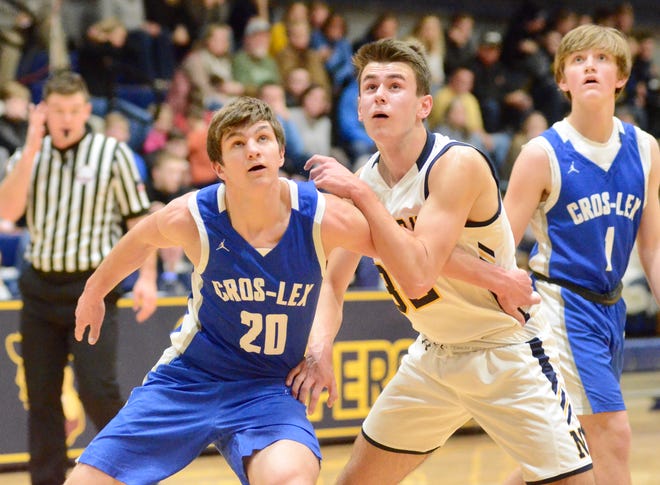 Croswell-Lexington's Jake Noll boxes out Port Huron Northern's Tyler Jamison during the Ed Peltz Holiday Tournament on Saturday, Dec. 21, 2019, at SC4.