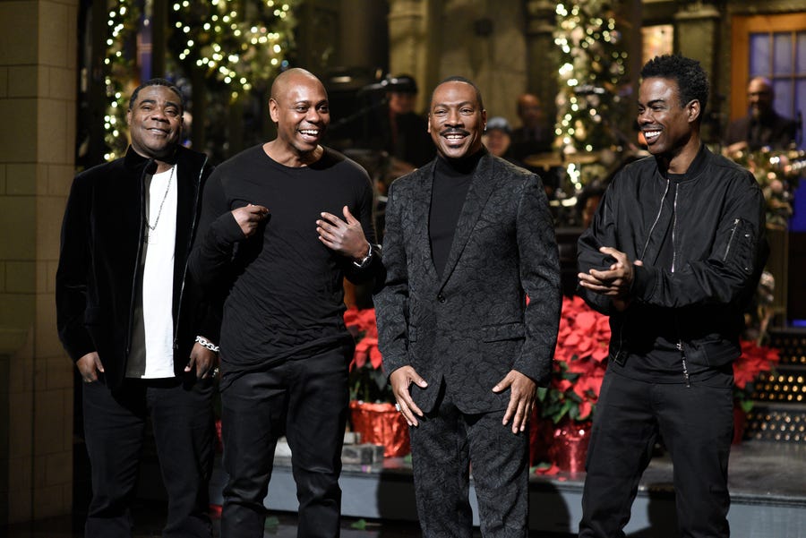 Host Eddie Murphy (second from right) was joined by Tracy Morgan, Dave Chappelle and Chris Rock during his monologue on "Saturday Night Live."