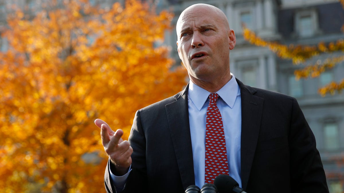 Marc Short, chief of staff to Vice President Mike Pence, speaks with members of the media outside the White House, Nov. 19, 2019, in Washington.