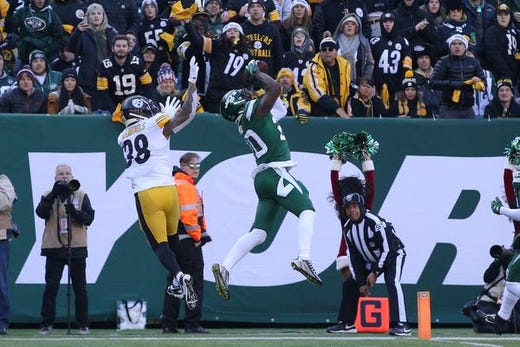 New York Jets safety Marcus Maye (20) intercepts a pass intended for Pittsburgh Steelers running back Jaylen Samuels (38) during the second quarter at MetLife Stadium. Mandatory Credit: Brad Penner-USA TODAY Sports
