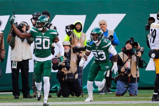 New York Jets free safety Marcus Maye (20) celebrates an interception in the first half of an NFL football game against the Pittsburgh Steelers, Sunday, Dec. 22, 2019, in East Rutherford, N.J. (AP Photo/Seth Wenig)
