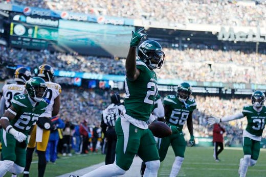New York Jets free safety Marcus Maye (20) celebrates an interception in the first half of an NFL football game against the Pittsburgh Steelers, Sunday, Dec. 22, 2019, in East Rutherford, N.J. (AP Photo/Adam Hunger)