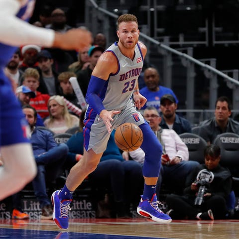 Pistons forward Blake Griffin dribbles in the firs