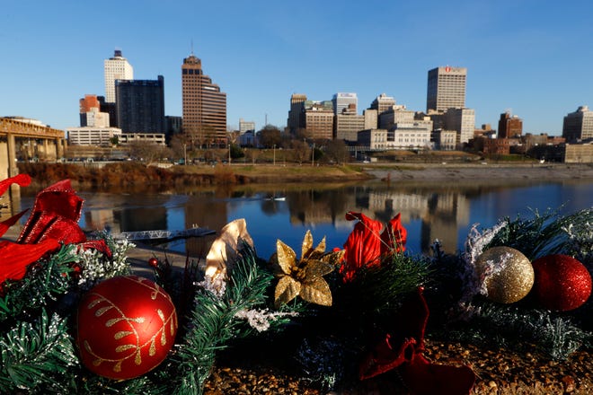 A view of downtown Memphis staged with a Christmas wreath before the holiday on Monday, Dec. 23, 2019. 