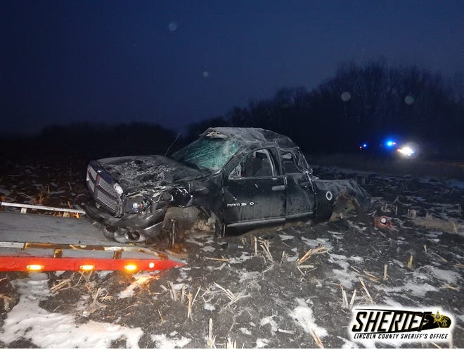 Pictured is what's left of a Dodge Ram pickup after it was involved in a rollover crash two miles Monday, Dec. 23, 2019, south of Canton, South Dakota. The Lincoln County Sheriff's Office and Canton Police Department are looking for the driver involved in the crash.