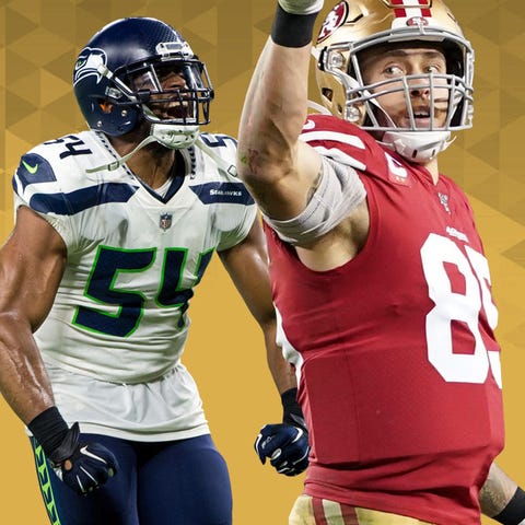 Seahawks LB Bobby Wagner (54) and 49ers TE George 