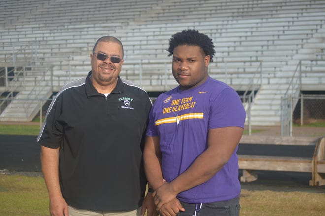 The 2019 All-Cenla team is led by Peabody coach Marvin Hall (left) and ASH defensive lineman Jacobian Guillory. Not pictured is Tioga quarterback Blake McGehee.