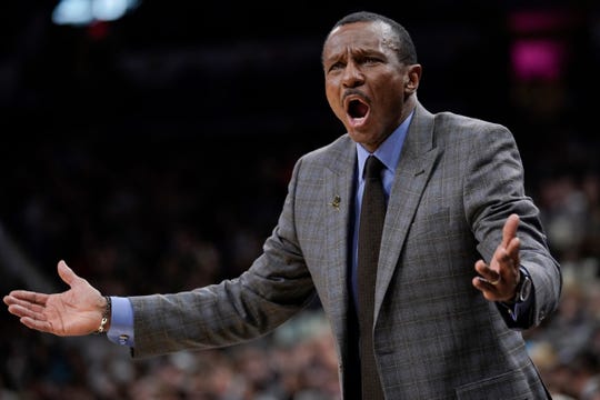 Detroit Pistons coach Dwane Casey yells to a referee during the first half.