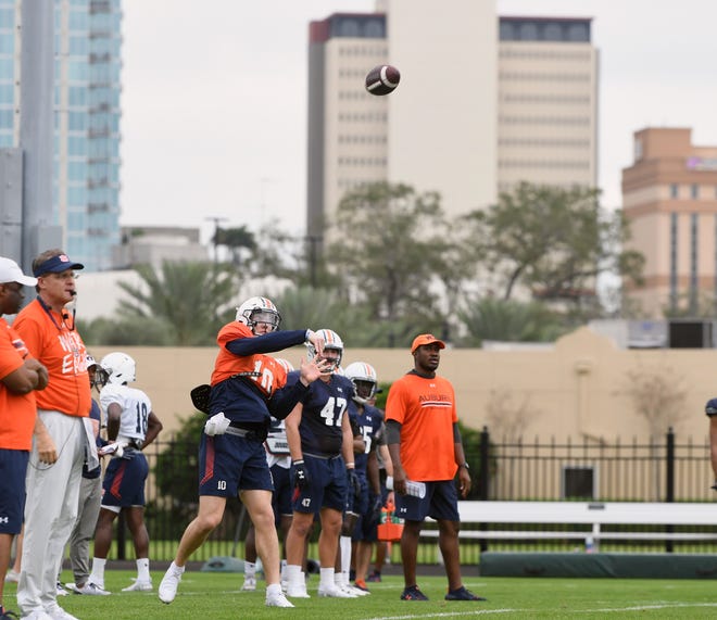 Auburn quarterback Bo Nix (10) throws a pass during Outback Bowl practice on Saturday, Dec. 28, 2019 in Tampa, FL.
