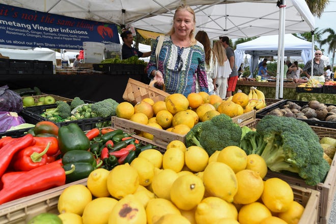 The Farmers Market Oceanside in Vero Beach, temporarily closed because of COVID-19, now offers delivery and pickup options. In this photo, taken Saturday, Dec. 28, 2019, Nancy Peterson of Vero Beach looks over a selection of organic fruits and vegetables at the Brown Family Farm booth at Humiston Park.