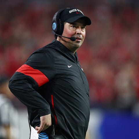 Ohio State head coach Ryan Day reacts during the t