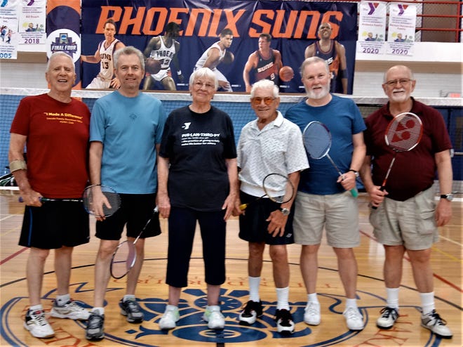 Downtown YMCA badminton players (from left) Jerry Harris, Johnnie Grgurich, Joan Kalfahs, Chuck Fine, Tom Davey, and Grant Buma pose between matches, 2019.