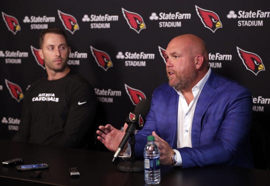 Cardinals coach Kliff Kingsbury (left) and General Manager Steve Keim look to be aggressive during the upcoming NFL draft.
