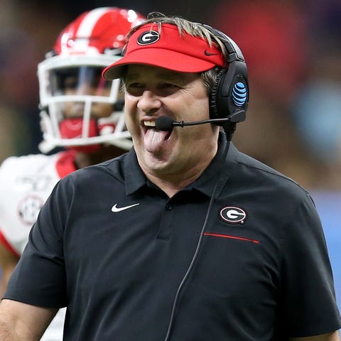 Georgia Bulldogs head coach Kirby Smart reacts aft