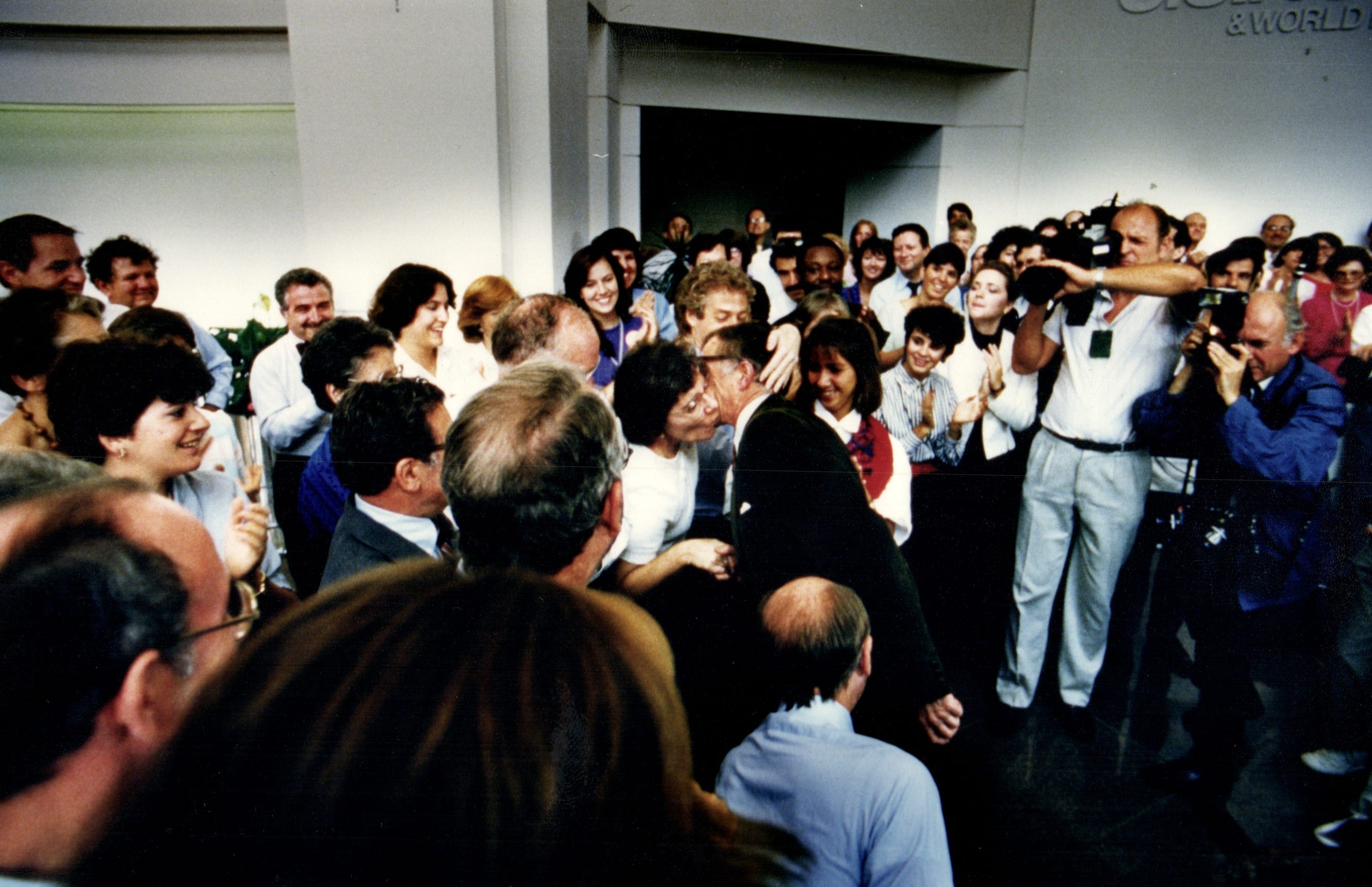 Journalist Nicholas Daniloff is welcomed home to Washington on Wednesday, Oct. 1, 1986, by fellow U.S. News & World Report employees after he was imprisoned and accused of spying in the Soviet Union.