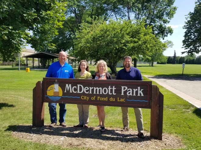 The McDermott Park redevelopment project received a $50,000 grant from Wisconsin Department of Natural Resources. Pictured are, from left: City of Fond du Lac Parks Superintendent John Redmond, Wisconsin Department of Natural Resources Office of Community Financial Assistance Grant Specialist Jessica Terrien, Janelle Anderson of Friends of McDermott Park and Fond du Lac Director of Public Works Jordan Skiff.