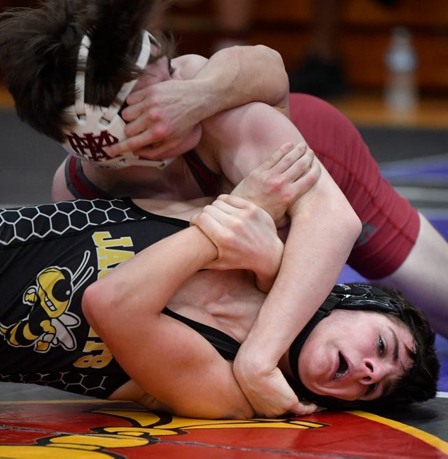Zach Derrick (Fairview) and Frank Perazzini (Montgomery Bell Academy) struggle with each other at the Johnny Drennan '85 Memorial Invitational at Father Ryan  in Nashville, Tenn. Friday, Jan. 3, 2020.