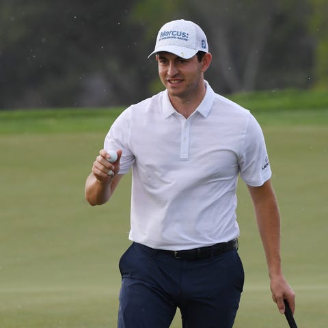 Patrick Cantlay reacts to his birdie putt on the 1