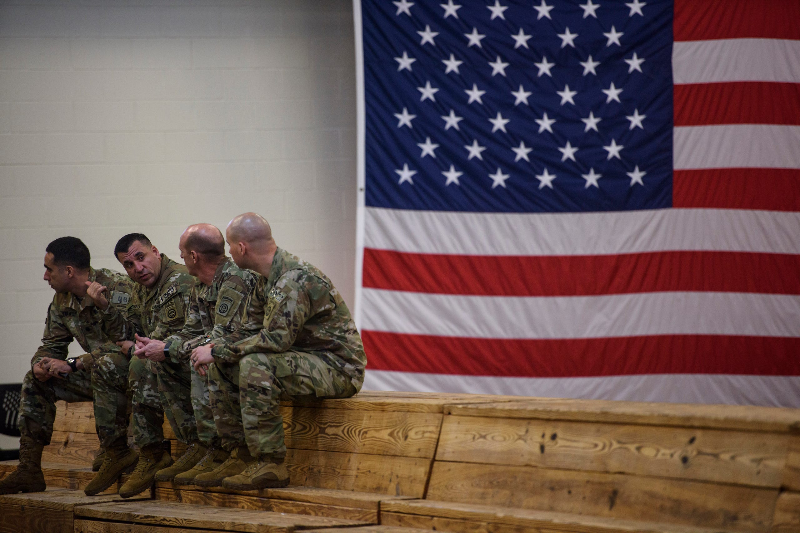 US Army Soldiers with the 82nd Airborne Division wait to be deployed to the Middle East on Saturday, Jan. 4, 2020 from Fort Bragg, N.C. Troops will deploy to the Middle East as tensions between the US and Iran continue to rise.