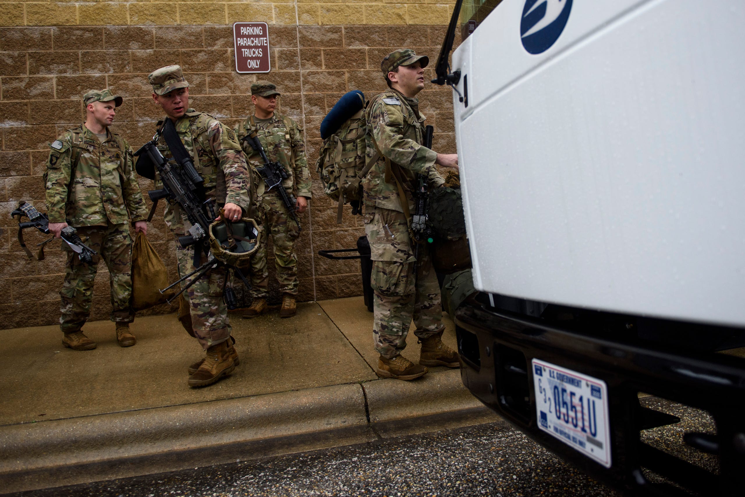 Soldiers with the 82nd Airborne Division arrive at Green Ramp on Fort Bragg before deploying to the Middle East.