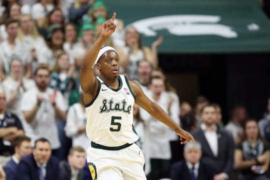 Michigan State guard Cassius Winston reacts during the first half on Sunday, Jan. 5, 2020.