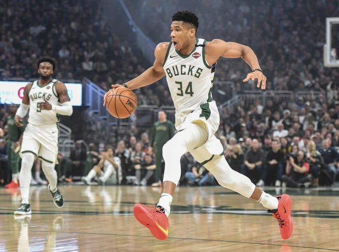 Milwaukee Bucks forward Giannis Antetokounmpo (34) drives to the basket in the first quarter during the game against the San Antonio Spurs on Jan 4, 2020 in Milwaukee, Wisconsin at Fiserv Forum.