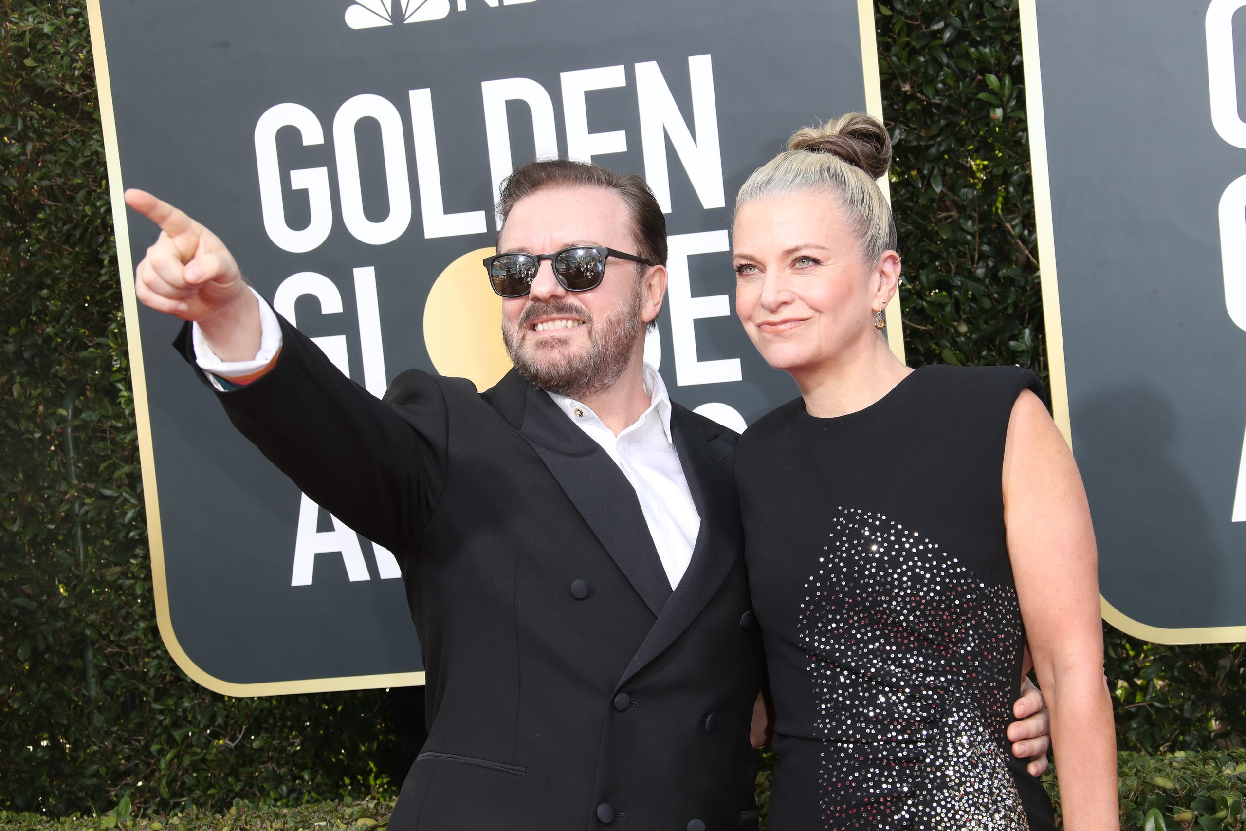 Golden Globes host Ricky Gervais, left, and girlfriend Jane Fallon