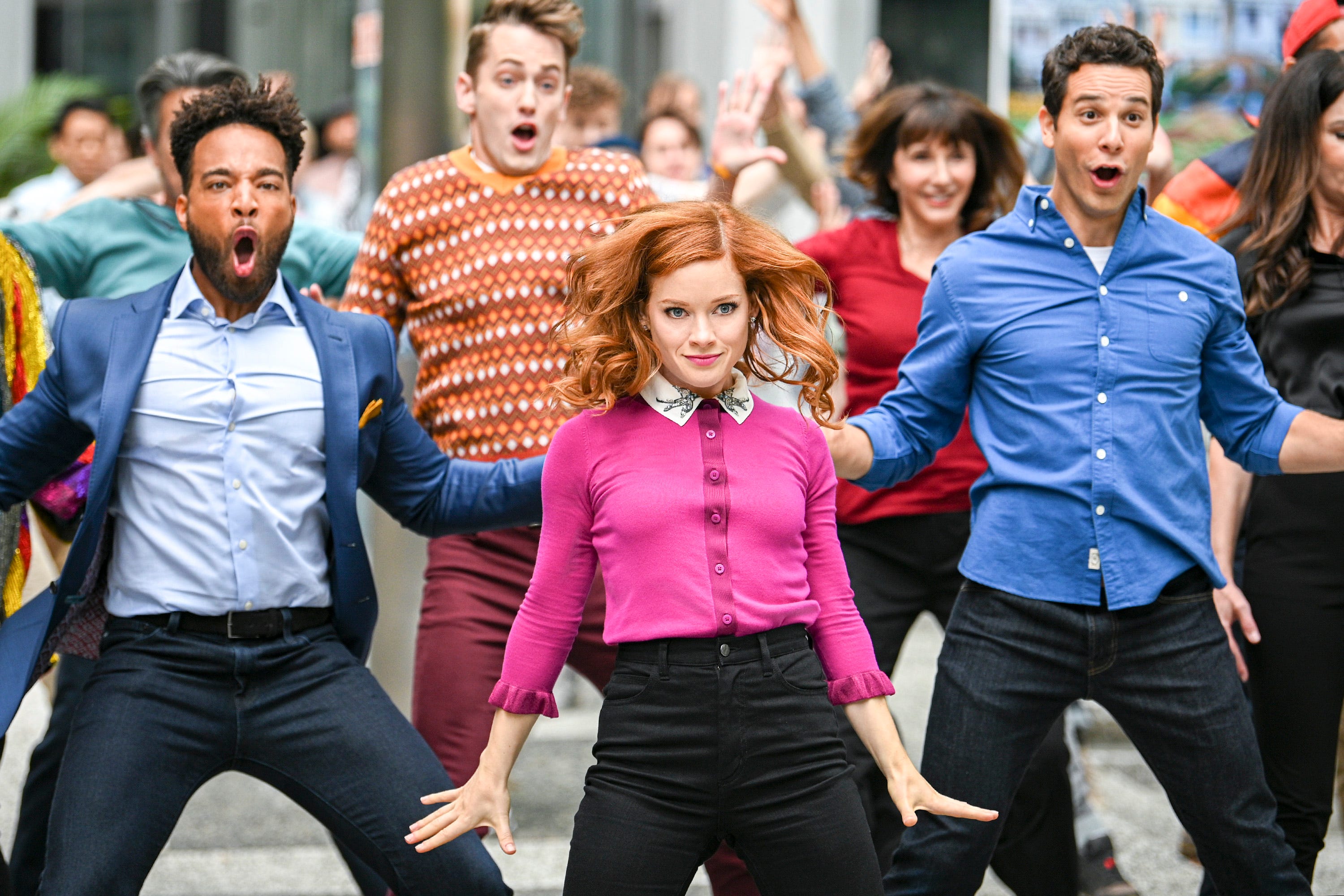 John Clarence Stewart as Simon,  Jane Levy as Zoey Clarke and Skylar Astin as Max on "Zoey's Extraordinary Playlist."