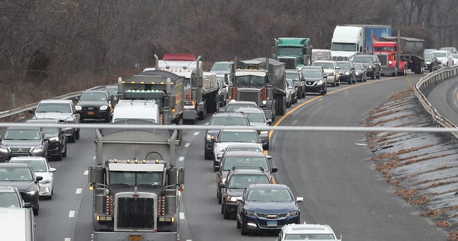 Traffic on southbound Intestate 684 in Goldens Bridge is backed up for miles following a two-vehicle accident just south of Route 138 in Goldens Bridge Jan. 6, 2020. The driver of the van suffered a serious hand injury and was transported to the hospital by Katonah/Bedford Hills Ambulance Corps.