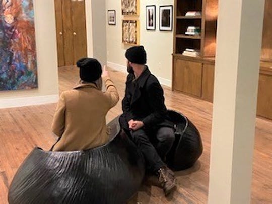 Tête-à-Tête” (face-to-face) bench by sculpture Alan Cottrill is on display during the Zanesville in the Short North exhibit in Columbus.