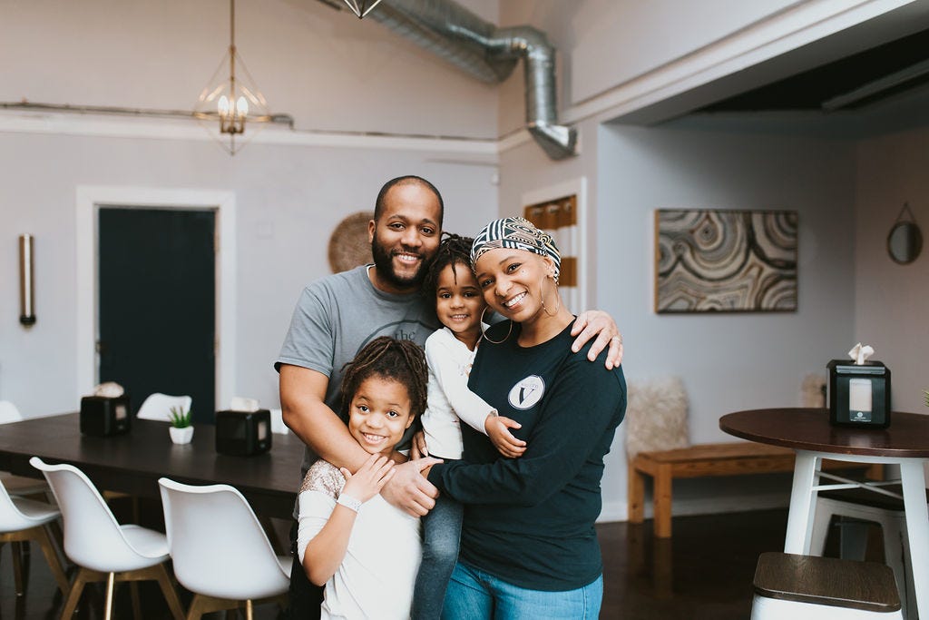 Clifton and Tiffany Hancock, pictured with their kids, run the vegan restaurant Southern V in Nashville. (Courtesy of Southern V)