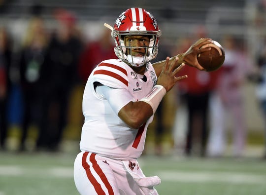 Jan 6, 2020; Mobile, Alabama, USA; Louisiana-Lafayette Ragin Cajuns quarterback Levi Lewis (1) drops back to throw against the Miami (Oh) Redhawks during the second quarter at Ladd-Peebles Stadium. Mandatory Credit: John David Mercer-USA TODAY Sports