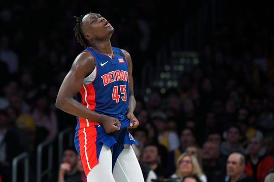 Pistons rookie Sekou Doumbouya, shown here last week against the Los Angeles Lakers, had a highlight-reel dunk Tuesday night.