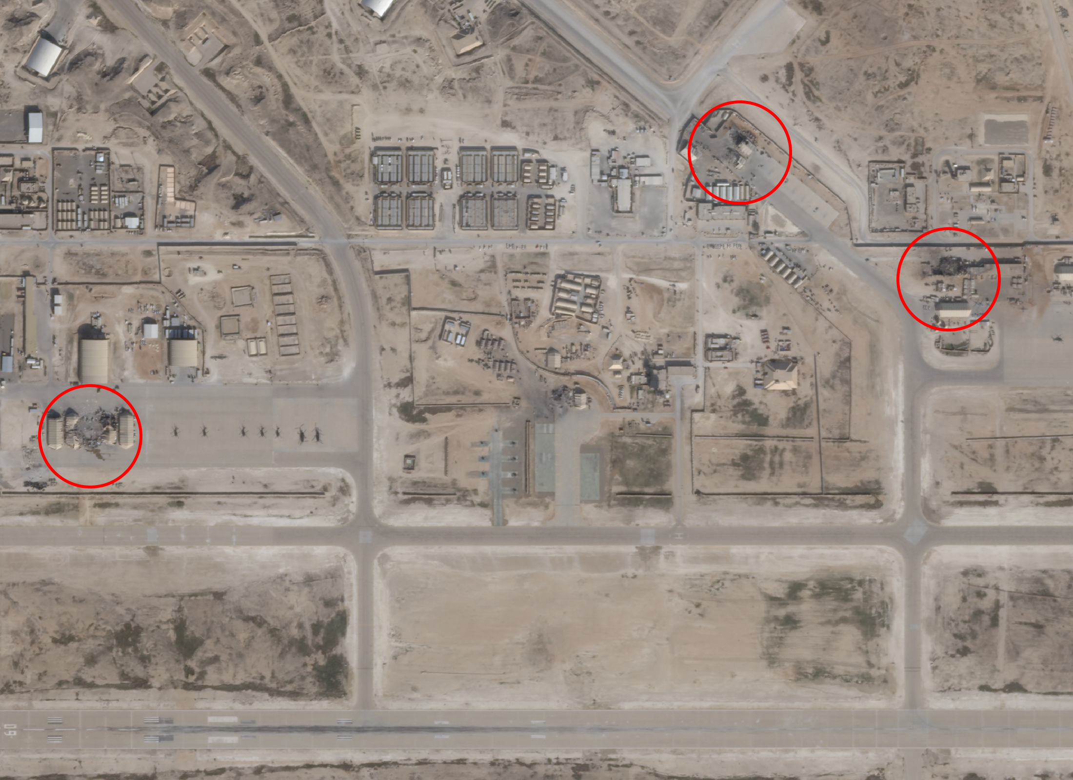 Satellite images of al Assad air base in Iraq taken Jan. 8 show damage from Iranian missiles.