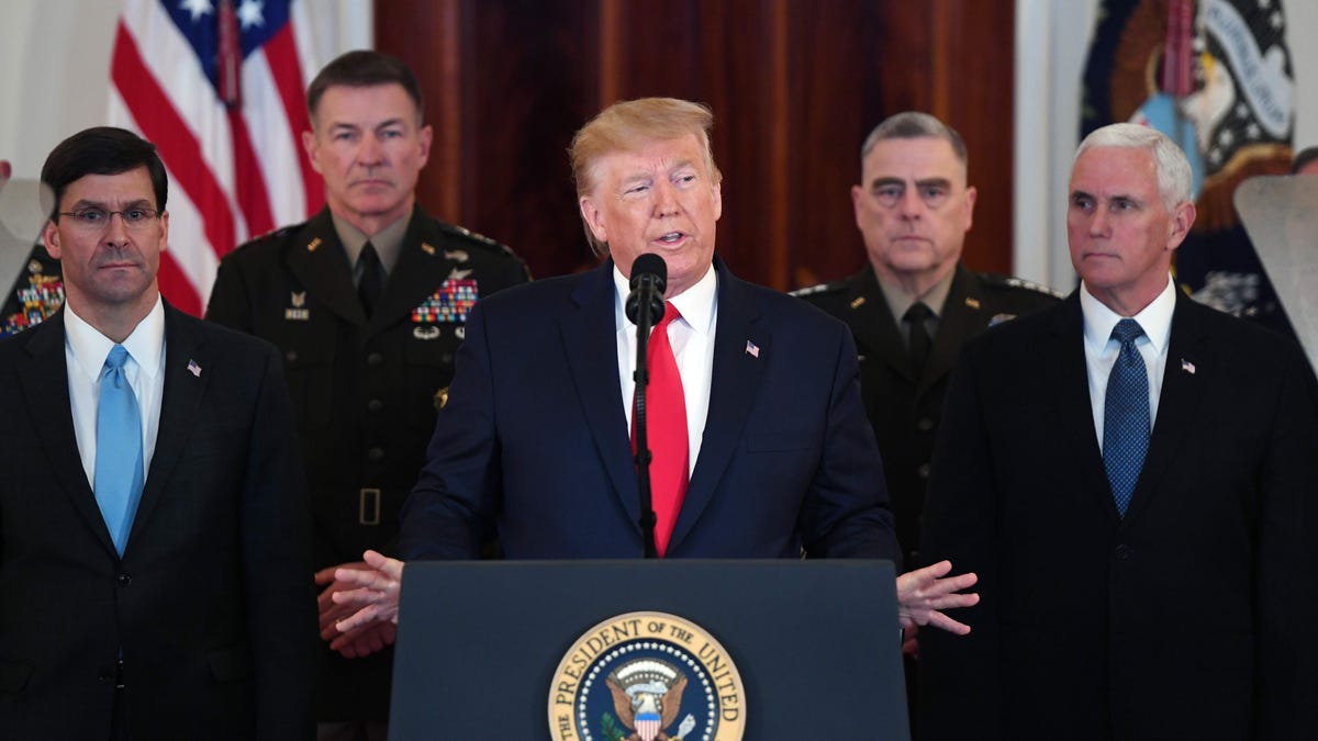 US President Donald Trump speaks about the situation with Iran in the Grand Foyer of the White House in Washington, DC, January 8, 2020.