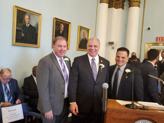 (Left to right) Sen. Joseph Cryan, Senate President Steve Sweeney, and Sen. Nicholas Scutari.