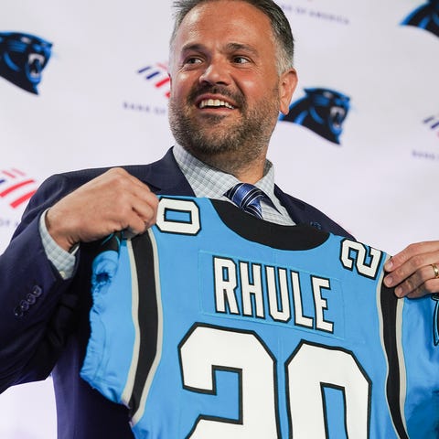 Carolina Panthers new head coach Matt Ruhle holds 