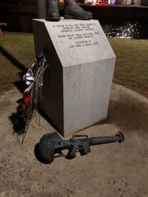 A monument dedicated to an Eaton Rapids man and U.S. Marine killed while serving in Irag was vandalized. The damage was reported to police on Thursday, Jan. 9, 2020.