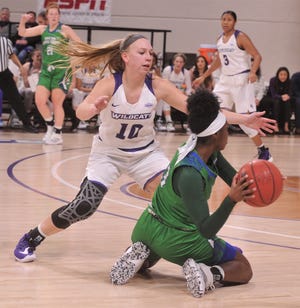 ACU's Breanna Wright (10) pressures Texas A&M-Corpus Christi's Torrionna Nesbitt in the second quarter of the Southland Conference game Saturday, Jan. 11, 2020, at Moody Coliseum.