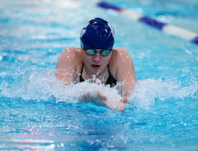 Great Falls High's Claire Earl swims the breast stroke in the 200 yard medley relay during Friday's swim meet against CMR, Helena High and Helena Capital.